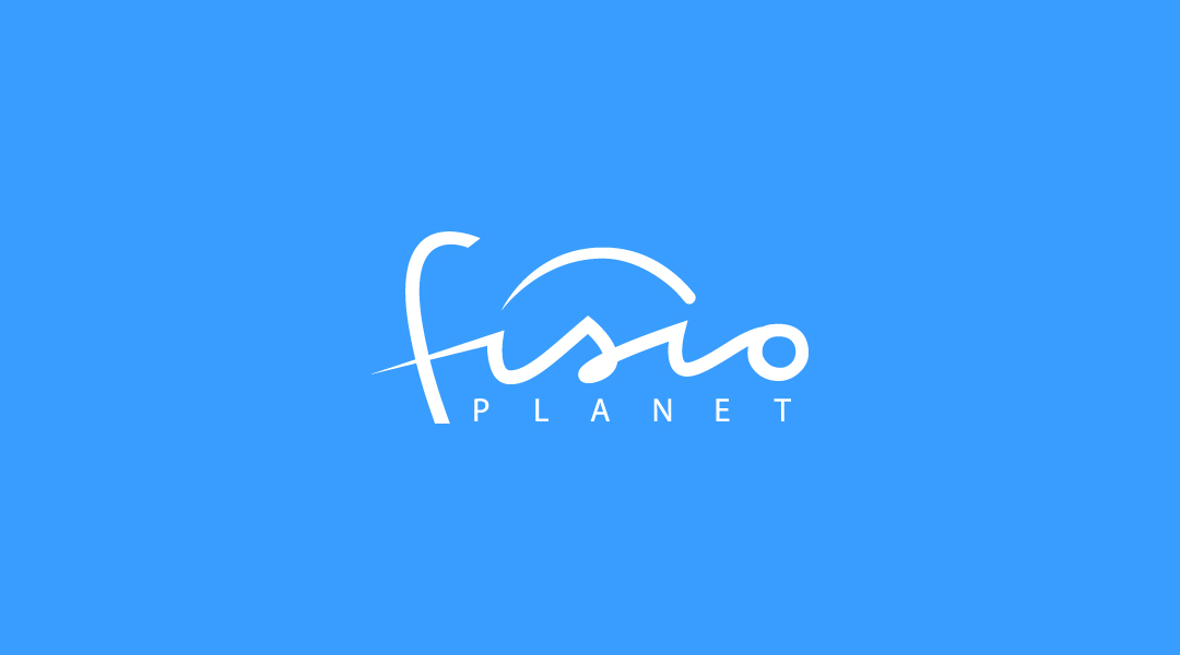 Diseño del logotipo de fisio planet en versión negativa con el fondo azul