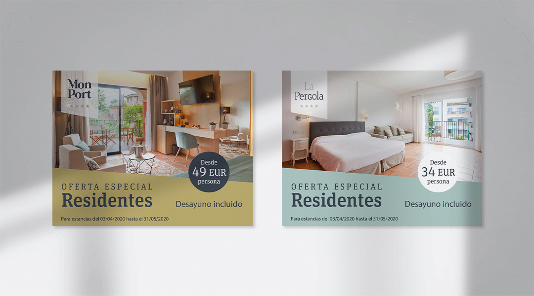 Imágenes promocionales para redes sociales de los hoteles Mon Port y La Pérgola del grupo MON Hotels